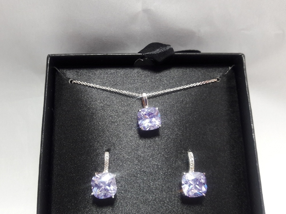 CZ Silver Purple Stone Necklace and Earrings Set